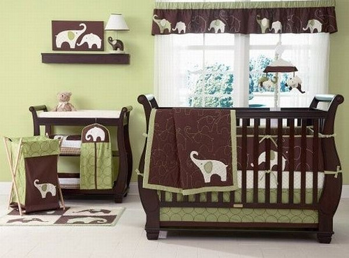 Dynamic-green-and-brown-baby-bedding-set-for-girls-with-elephant-imagery